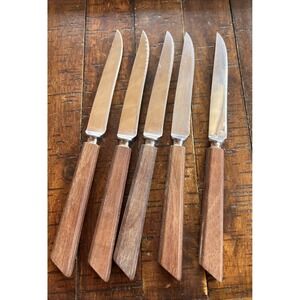 Set of 5 Kirk's Sheffield England‎ Stainless & Wood Handle Steak Dinner knives